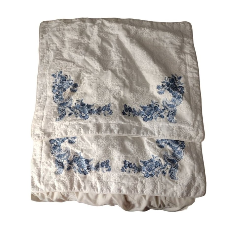 Pair of Chris Madden White with Blue Embroidered Flowers Standard Size Pillow Sh